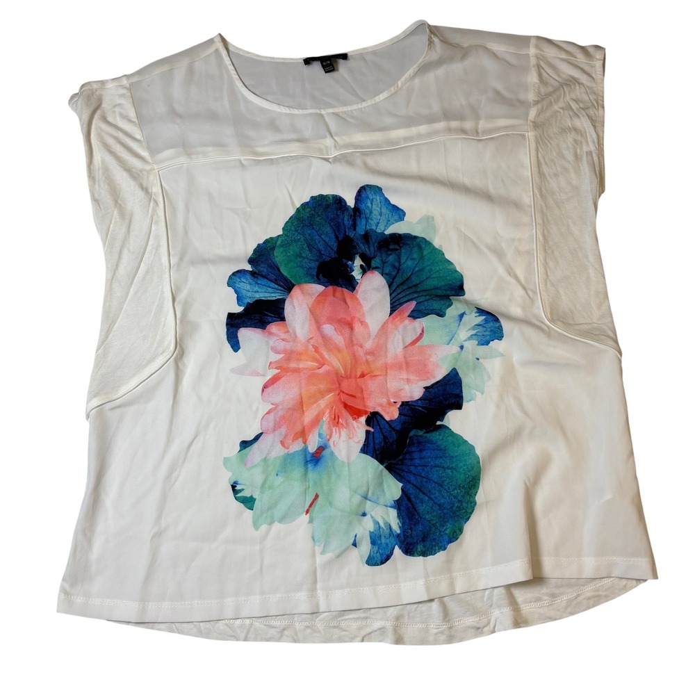 Lane Bryant White Floral Graphic Mixed‎ Media Top Short Sleeve Womens 14/16